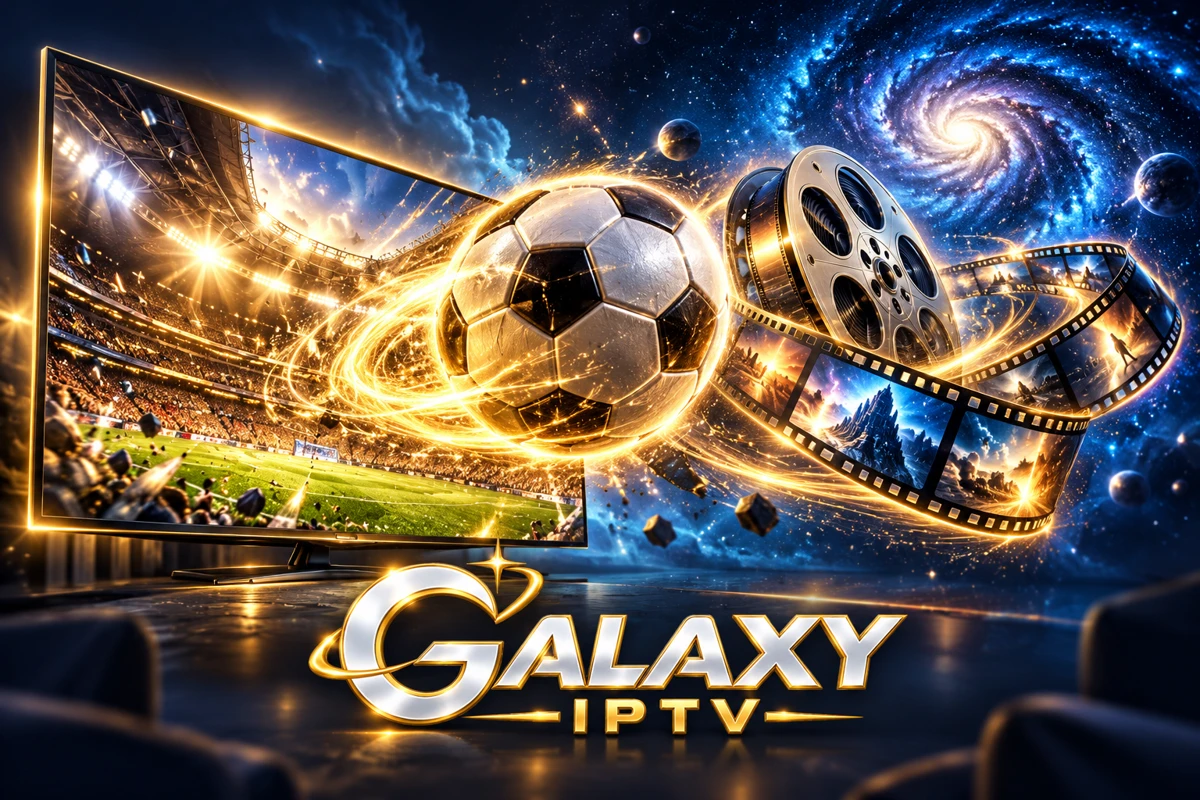 Un portale Galaxy IPTV da cui emergono un pallone, una pellicola cinematografica e una galassia luminosa
